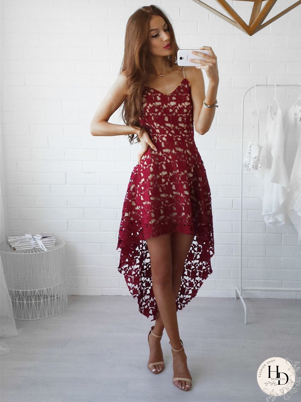 Solid Color Cutout Irregular Lace V-neck Dress