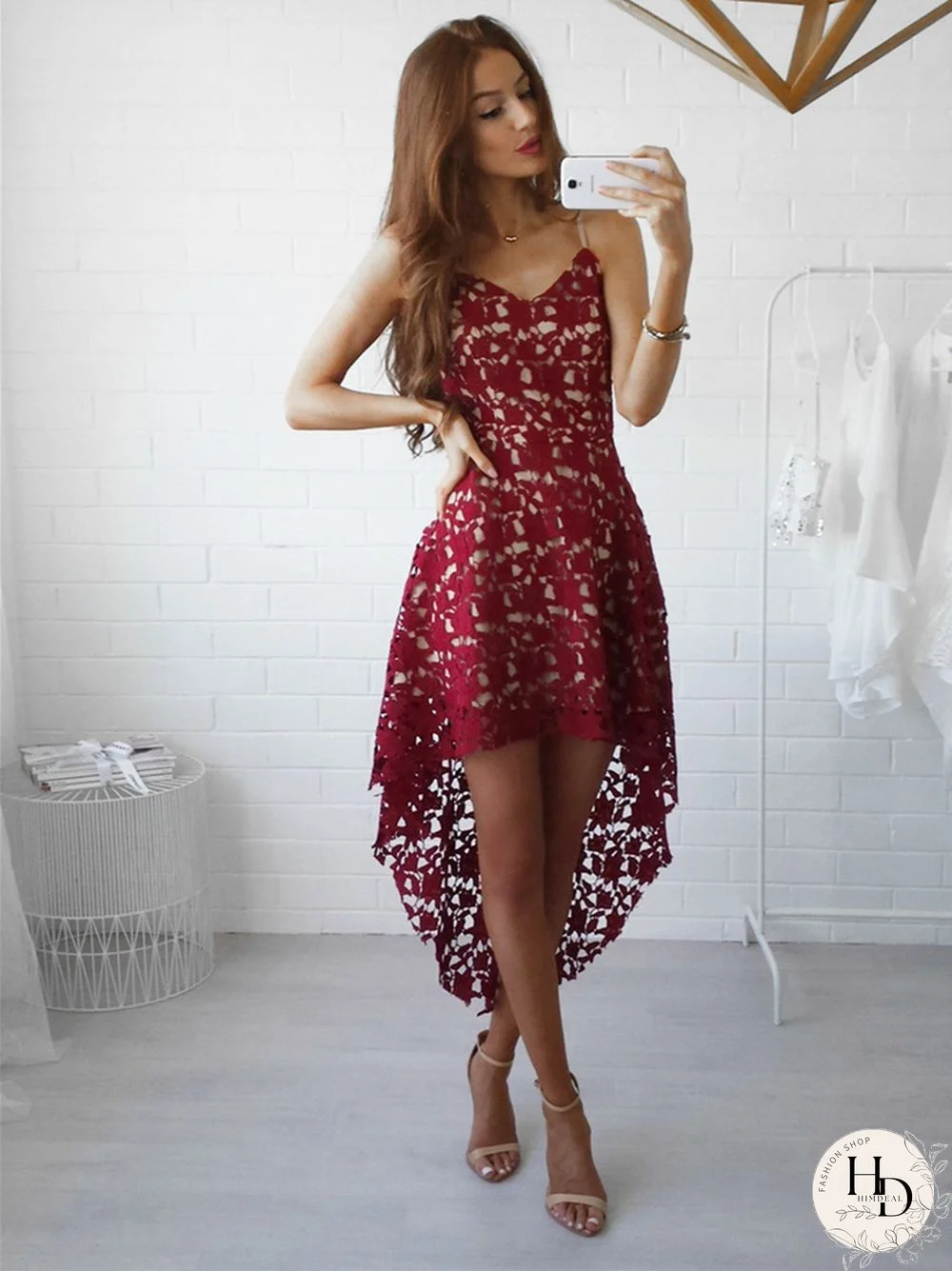 Solid Color Cutout Irregular Lace V-neck Dress
