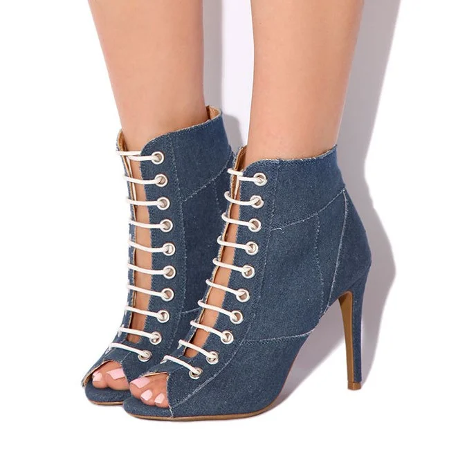 Blue Denim Summer Ankle Boots Stiletto Heel Lace-Up Peep Toe Booties |FSJ Shoes