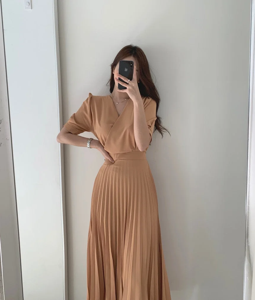 High Quality New Women Summer Clothes Elegant V-Neck Slim Office Lady Casual A-Line Bandge Pleated Dress Vestidos
