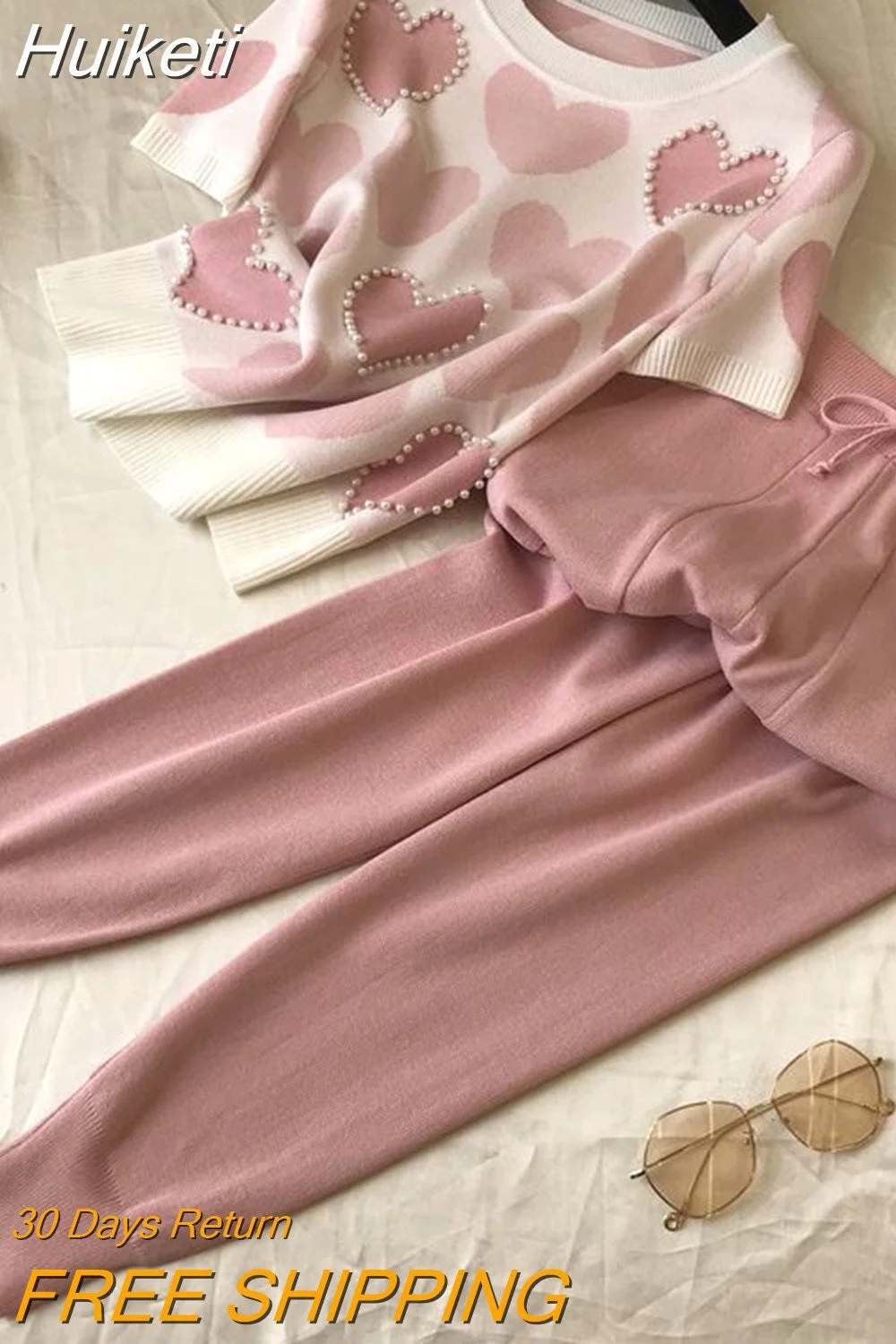 Huiketi Love Printing Knitted 2 Piece Tracksuit Women Summer Short Sleeve Beading Sweater Female Tops+pants Pink Casual Tracksuit