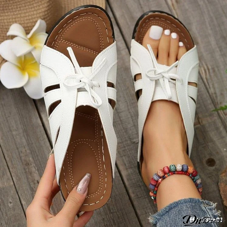 Women Summer Wedge Peep-Toe Slippers Solid Bow Roman Sandals