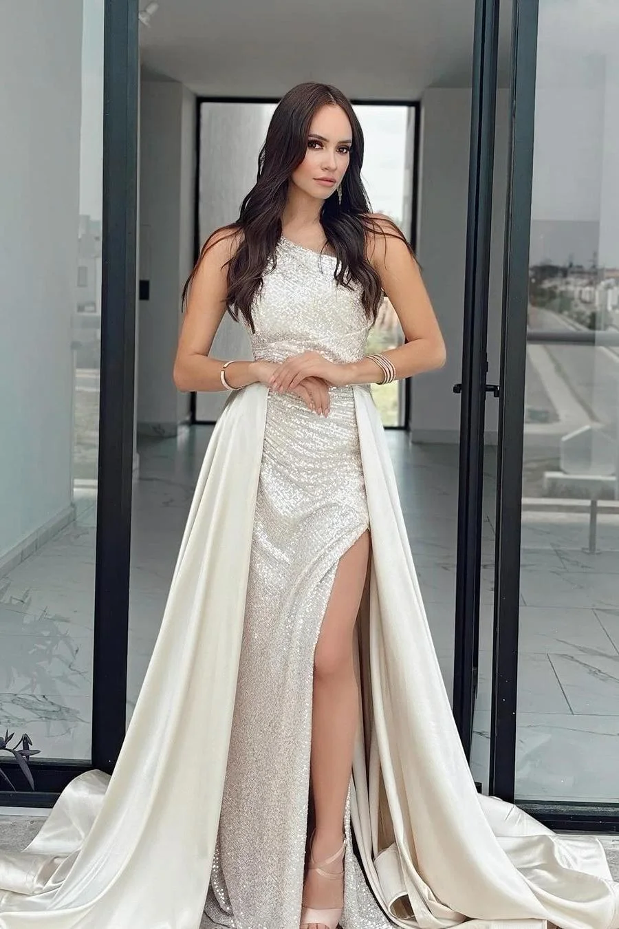 Daisda Charming Ivory Sequins Sleeveless One Shoulder Long Prom Dress with Split