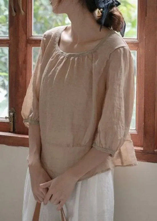 Khaki Button Patchwork Linen Top O Neck Back Side Open Summer