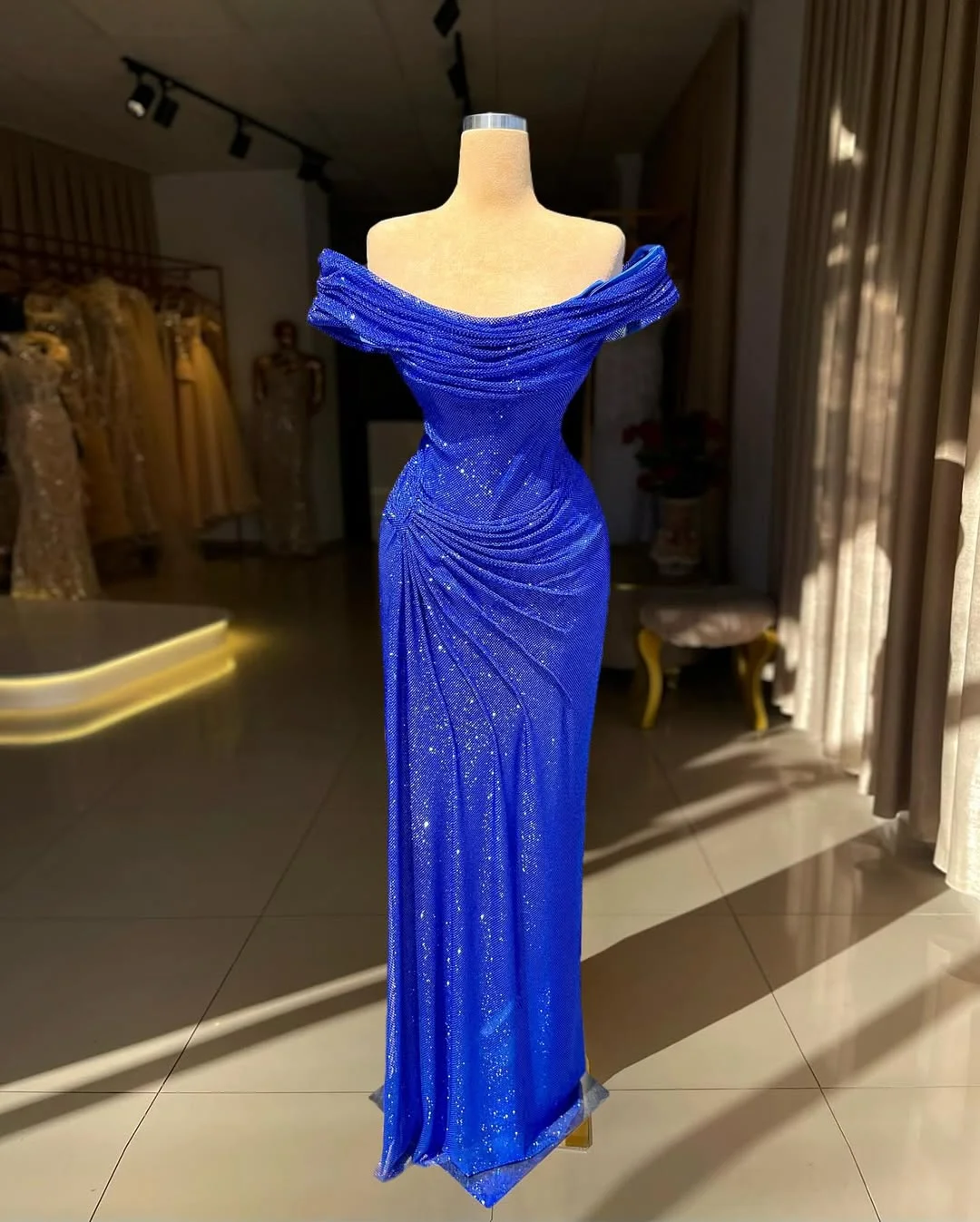 Elegant Royal Blue Off-The-Shoulder Pleated Prom Dress YK0230