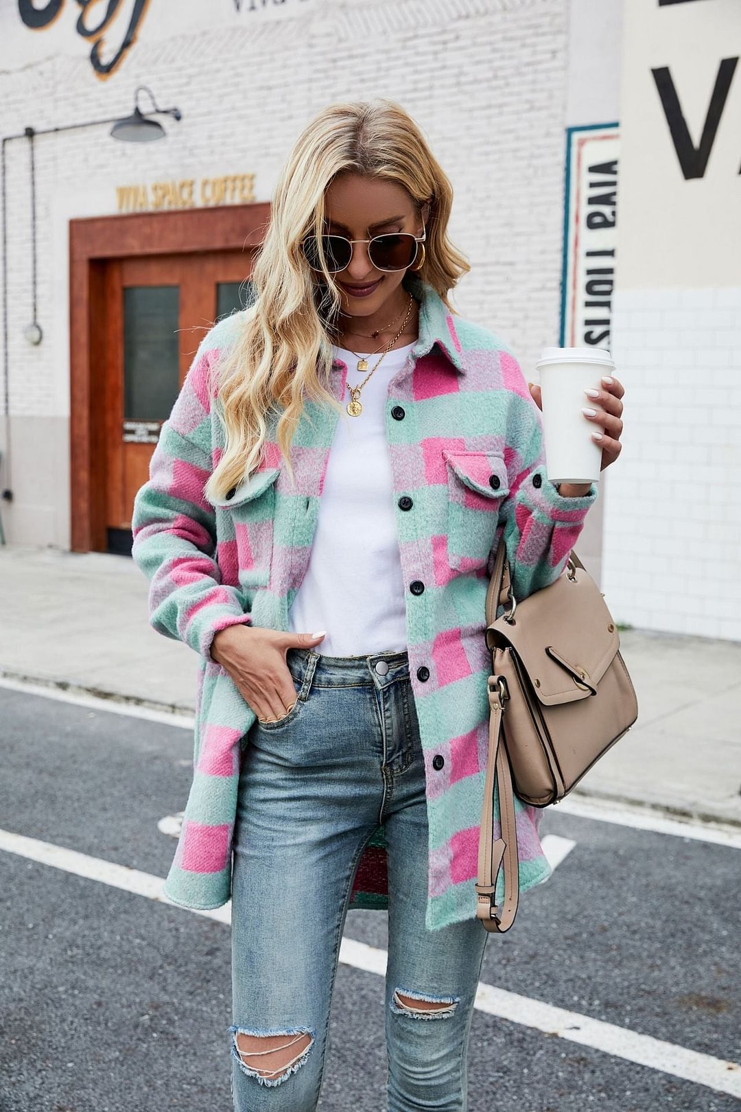 Autumn Winter Suede Coat Single Breasted Lapel Long Sleeve Plaid Cardigan Shirt | EGEMISS