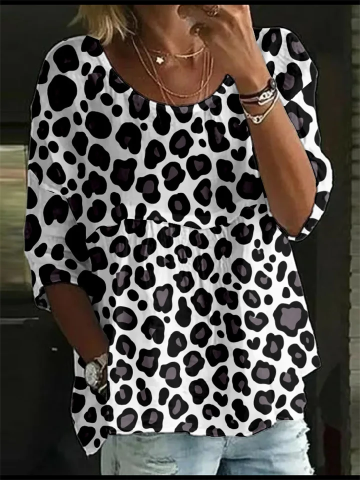 Summer Women's T-shirt Casual Printed Medium Sleeve Ruffled Round Neck Top