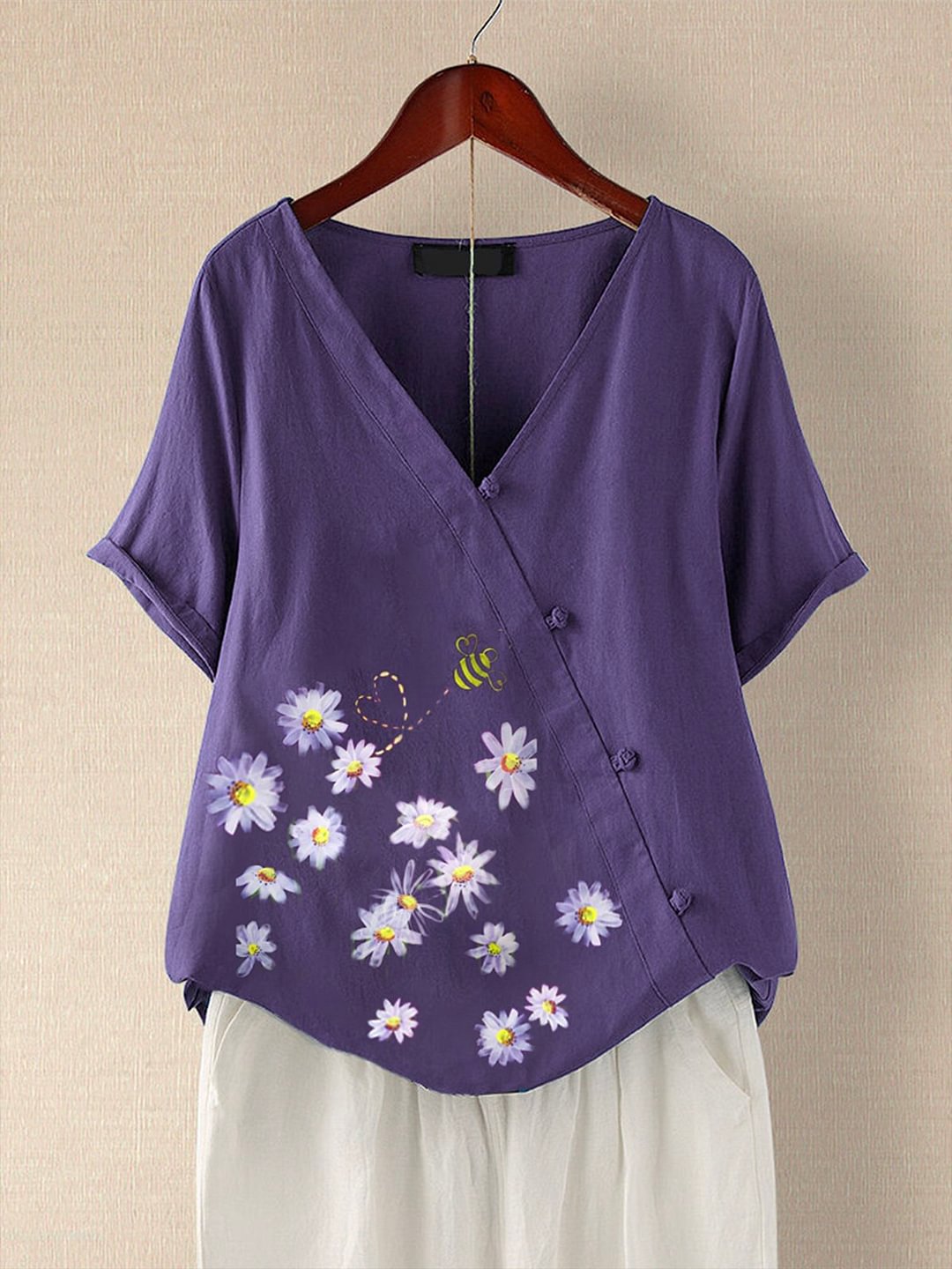 Violet Floral Floral-Print Casual Cotton-Blend Shirts & Tops - VSMEE