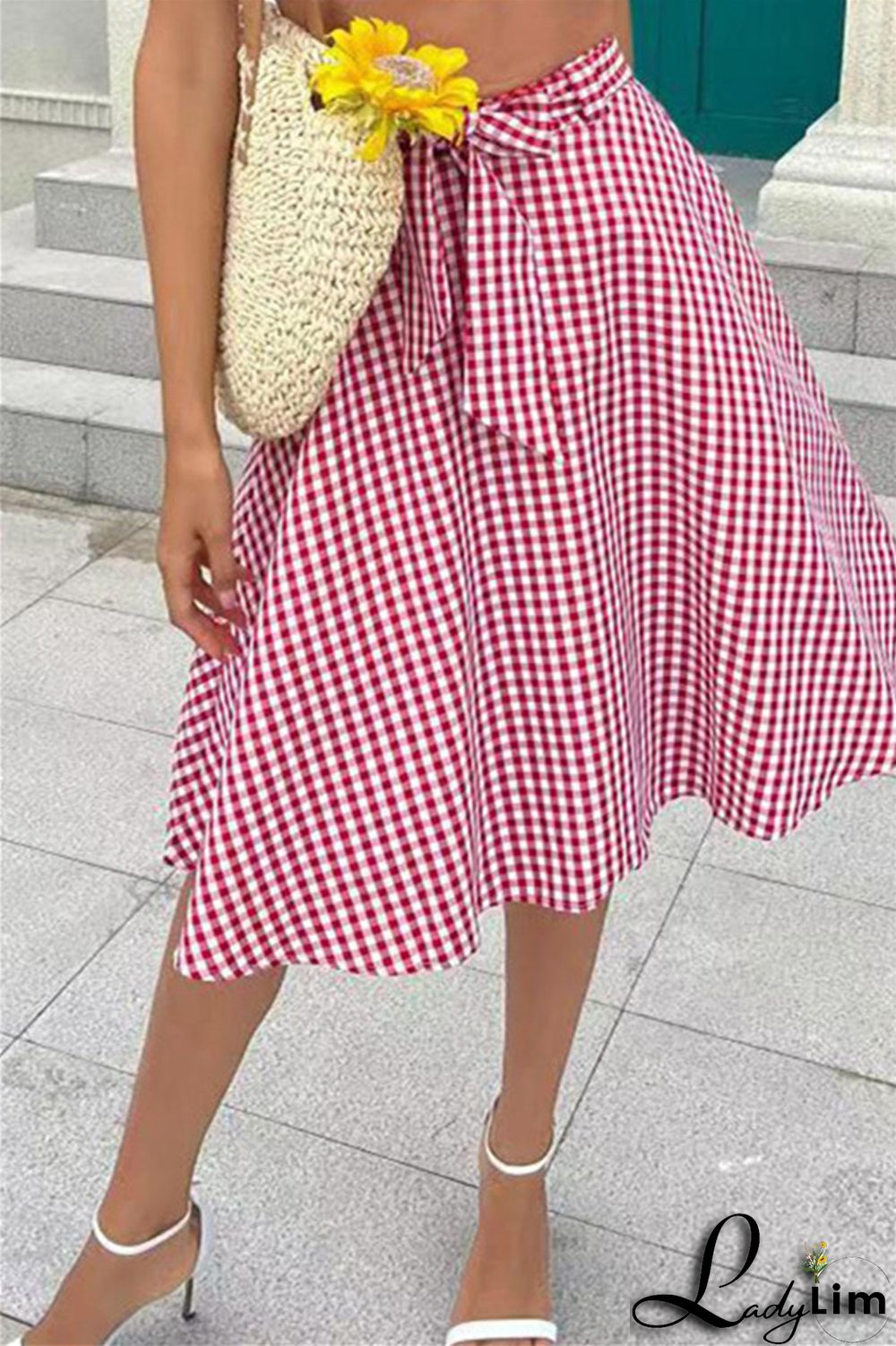 Grey Fashion Casual Plaid Print Patchwork Regular High Waist Skirt