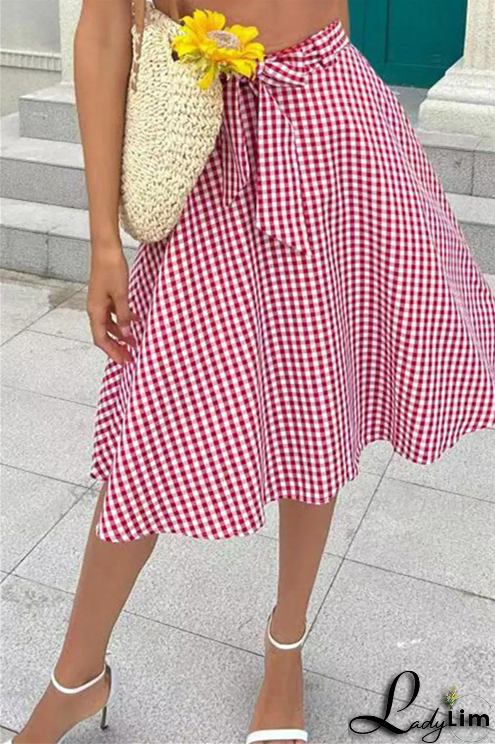 Red Fashion Casual Plaid Print Patchwork Regular High Waist Skirt