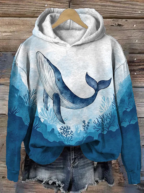 Women's Blue Whale Coral Art Graphic Print Casual Hoodie