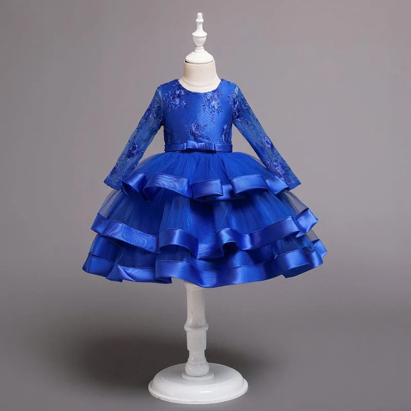 2022 Christmas Long-sleeved Dress for Girl Elegant Bow Wedding Evening Party Girls Princess Dress Birthday Children Kids Clothes