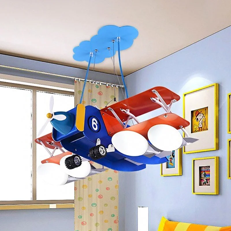 Blue and Red Biplane Chandelier Cartoon 4-Light Wooden Suspension Lighting with Oval Milk Glass Shade