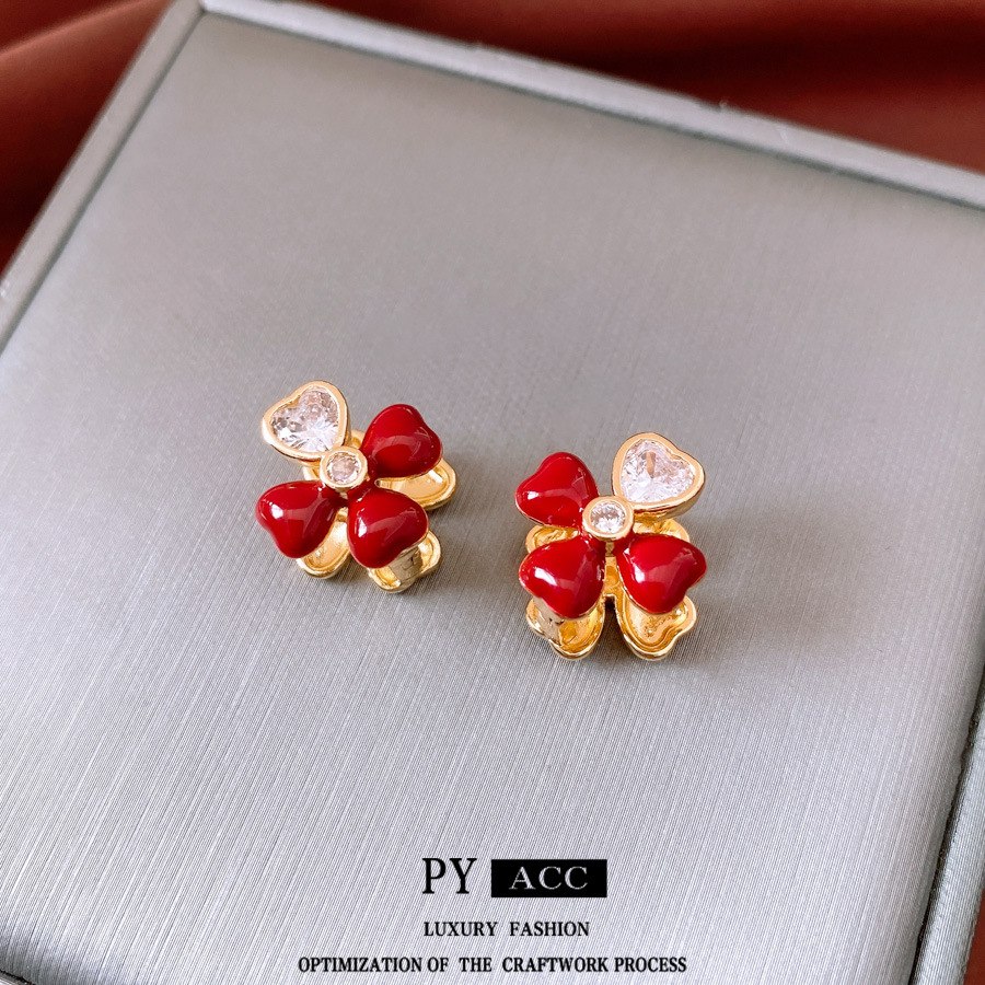 18K gold electroplated zircon red flower earrings fashionable retro court style earrings light luxury and high-end earrings