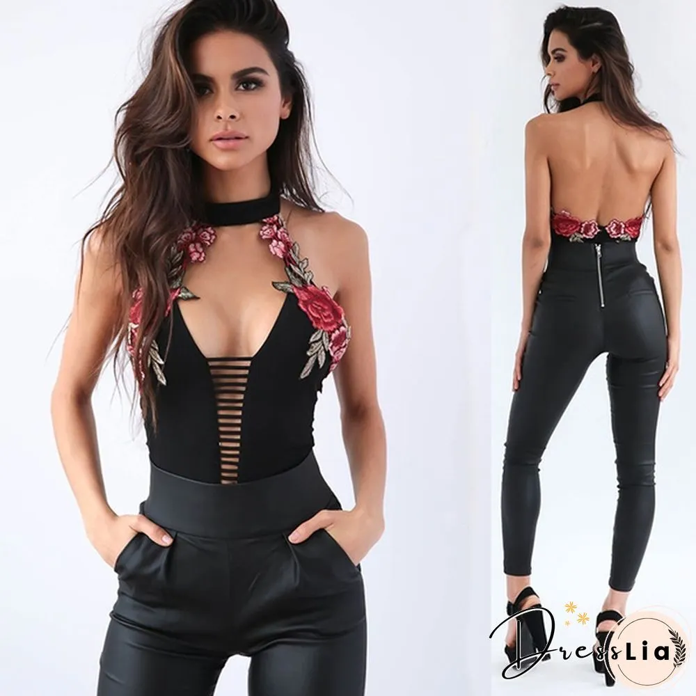 Women's Rose Embroidery Backless Bodysuit High Waist Sexy Rompers