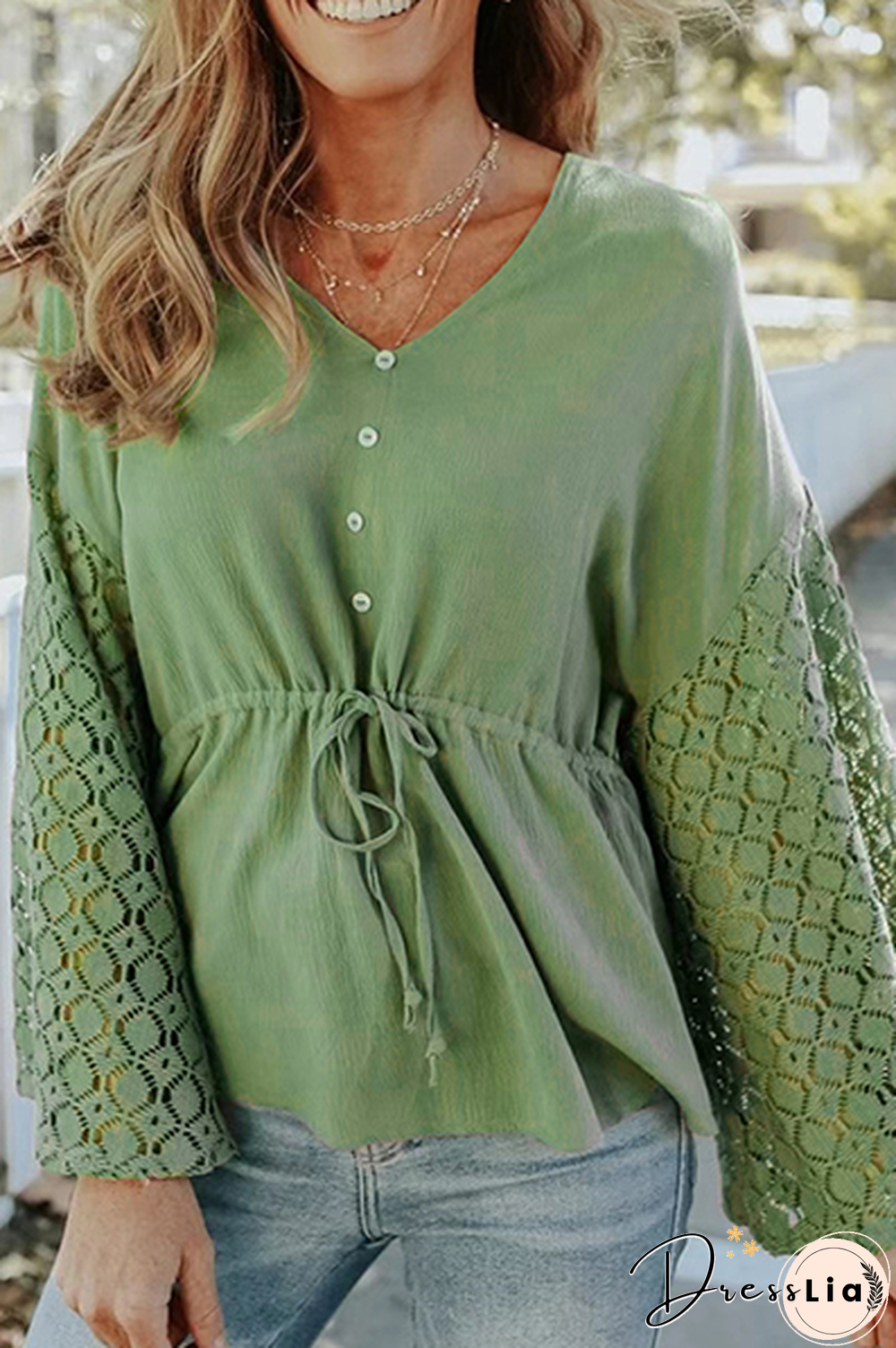 Casual Solid Lace Frenulum Buckle V Neck Tops