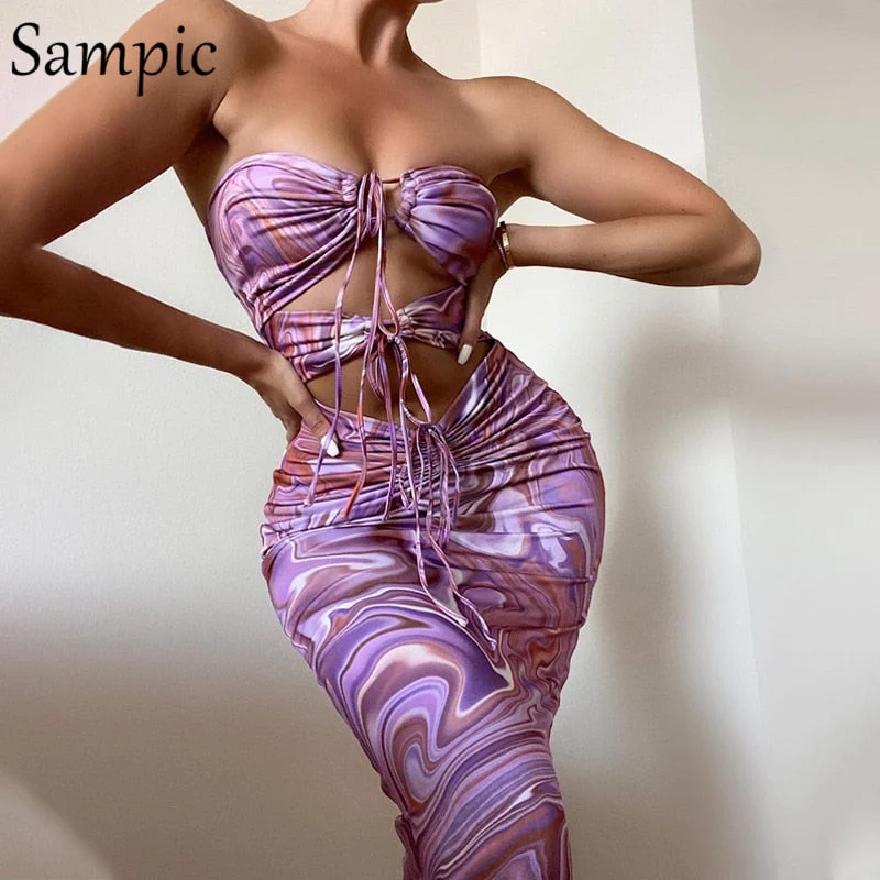 Sampic Tie Dye Print Y2K Women Halter Midi Ruched Summer Night Club Sexy Wrap Dress 2021 Party Hollow Out Bodycon Dresses