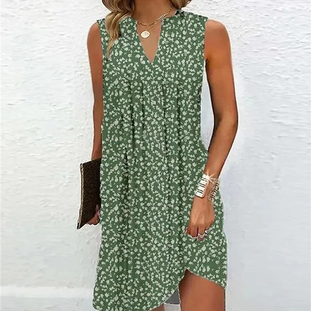 Casual Ladies V Neck Pleated Party Elegant Solid Color Sexy Sleeveless Beach Dress