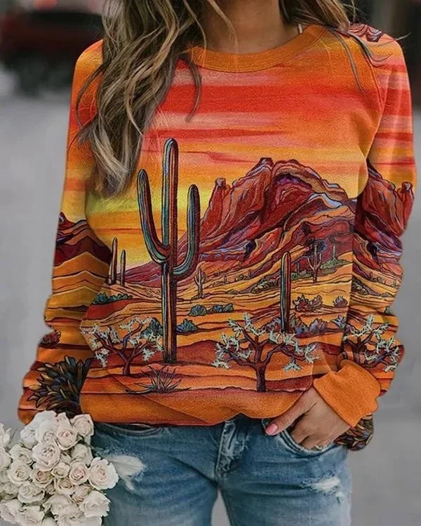 Uveng Landscape Flower Floral Print Long Sleeve Sweaters