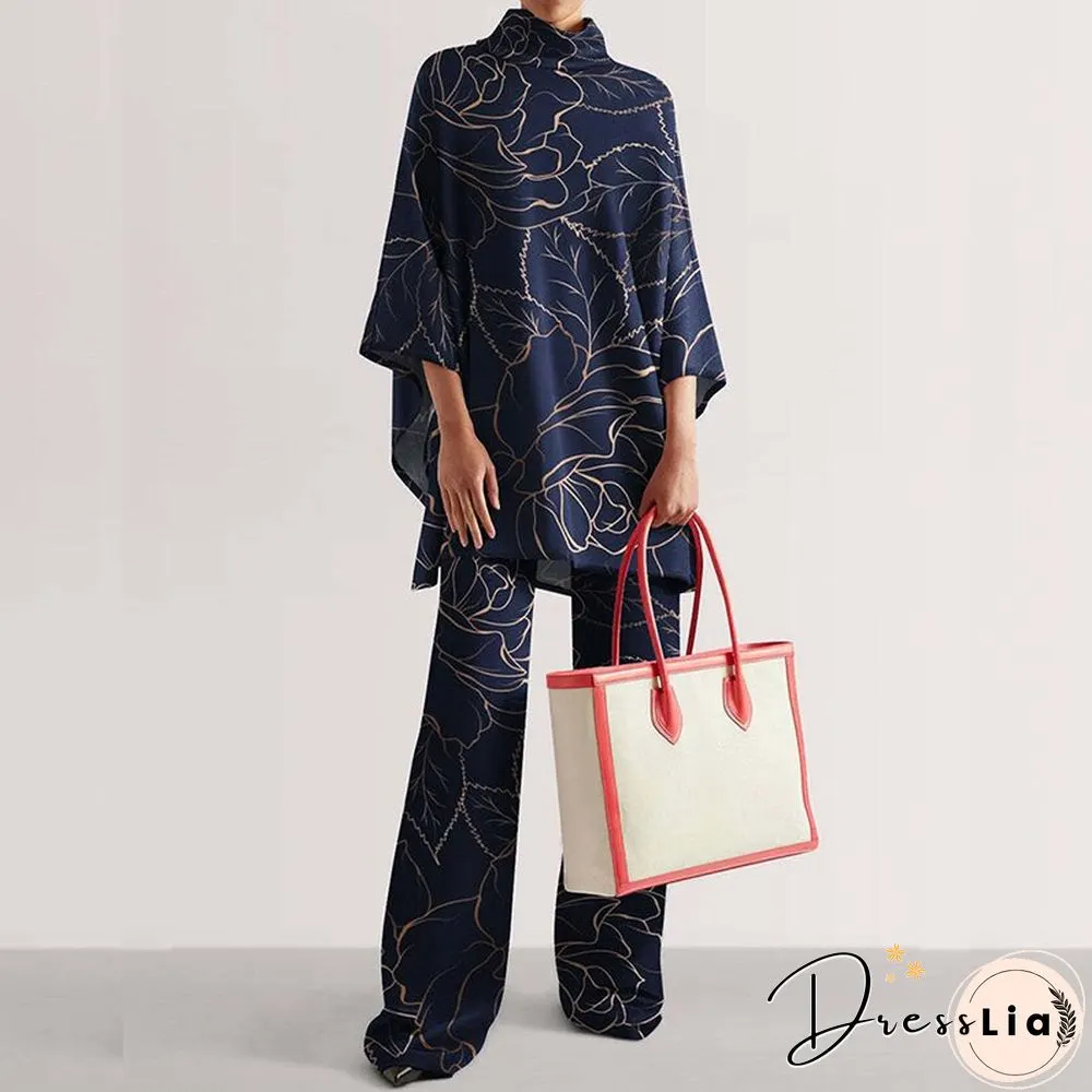 Autumn Women Elegant Printed Loose Outfits Fashion Turtleneck Tops And Long Pants Suits Winter Casual Half Sleeve Two Piece Sets