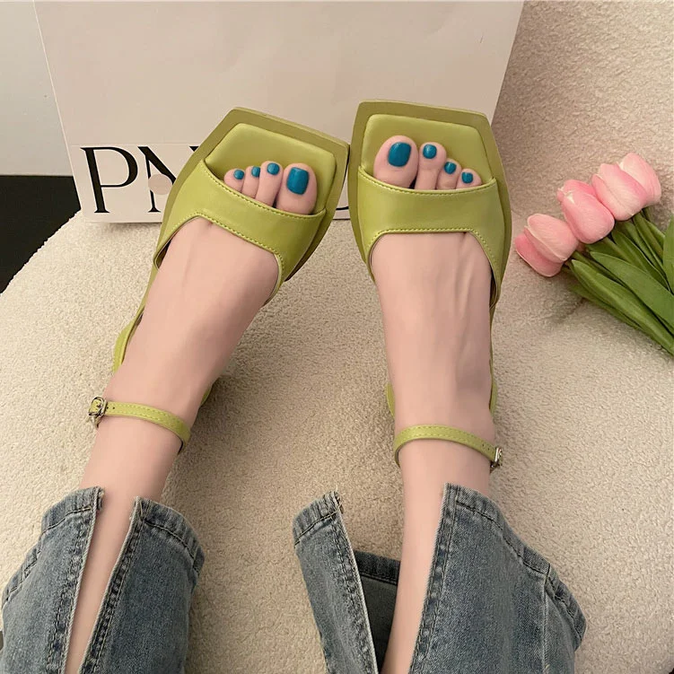 Qengg Summer New Narrow Band Women Sandal Shoes Fashion Thick Heel Ladies Elegant Rome Open Toe Sandalias Dress Pumps green