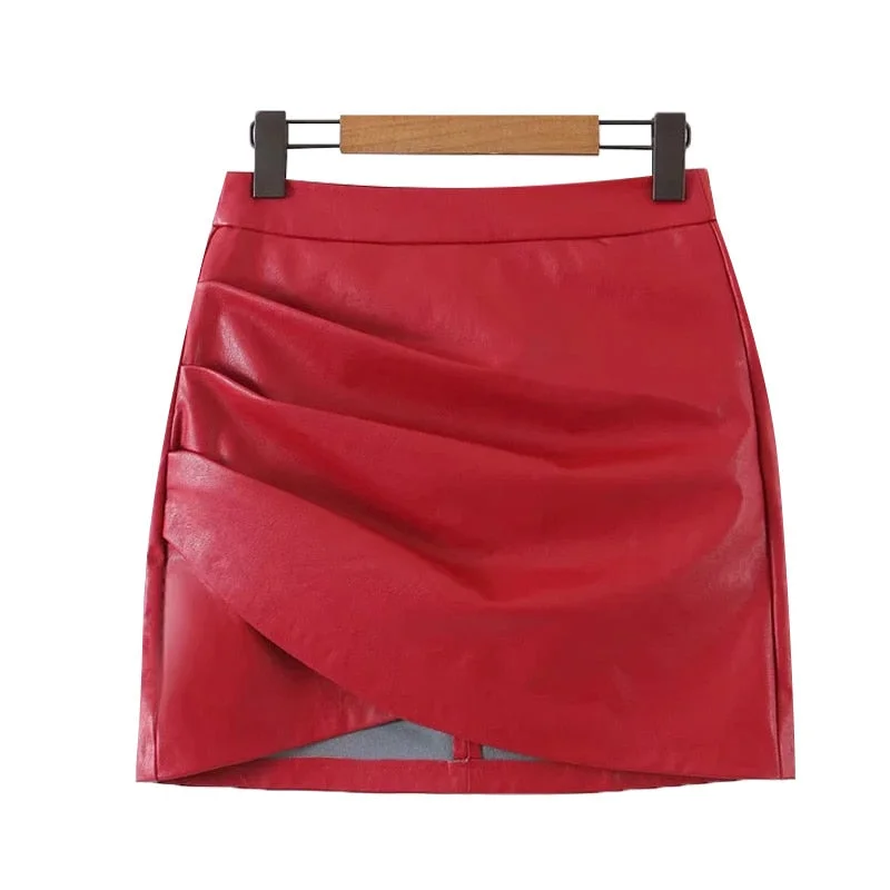 KPYTOMOA Women 2020 Chic Fashion Faux Leather Pleated Asymmetrical Mini Skirt Vintage High Waist Back Zipper Female Skirts Mujer