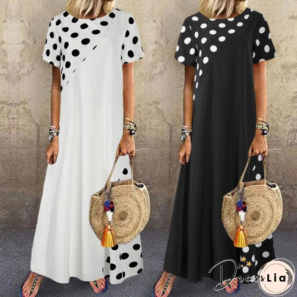 Summer Women Polka Dot Maxi Dress Robe Short Sleeve Round Neck Patchwork Party Casual Loose Long Dress Plus Size Tunic