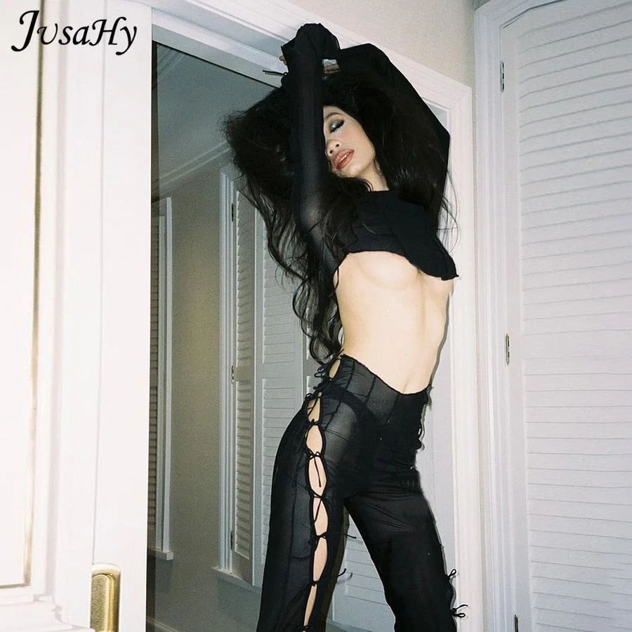JusaHy Mesh Cyber Y2k Pure Color Flare Pants for Women Sexy Tulle See Through Hollow Out Bandage Fashion Streetwear Summer 2021