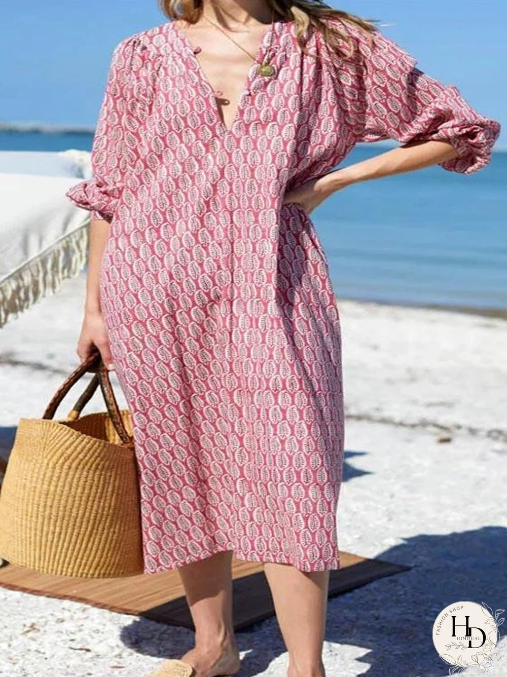 Women Serried Pattern Button Pink Dress