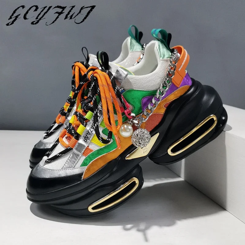 Women Sneakers Casual Black Football Lace-Up Metal Decoration Pearl Women Shoes Flat Platform High Quality Sapatos Das Mulheres