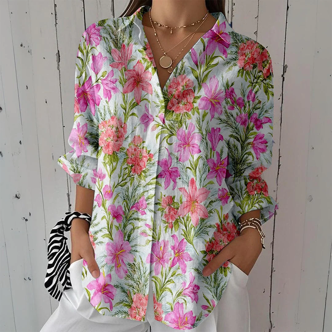 Style & Comfort for Mature Women Women Floral, Pink, Purple DZCL0487 3/4 Sleeve Shirt Collar Printed Button Tops