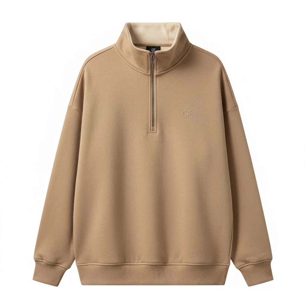 thesupersurf Casual Camel Half-Zip Sweatshirt with Ribbed Cuffs 