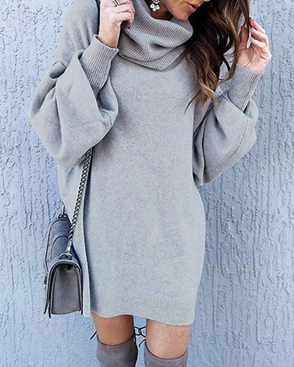 Casual Solid High Neck Loose Fit Lantern Sleeve Sweater Dress