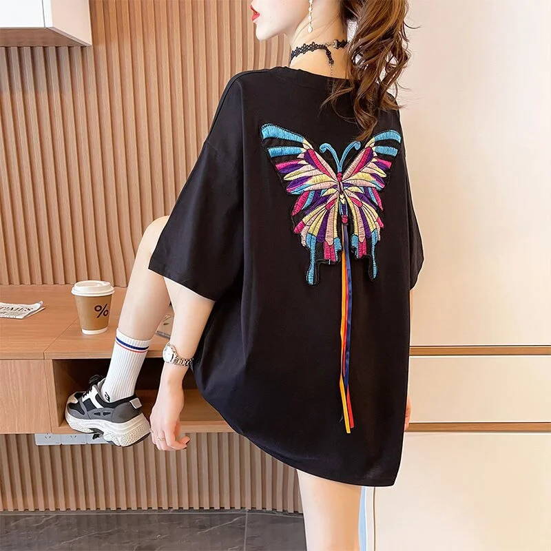 Jangj Fashion Casual Oversize Short Sleeved All-match Butterfly Appliques T-shirts Straight Loose Comfortable X-long Top Clothing