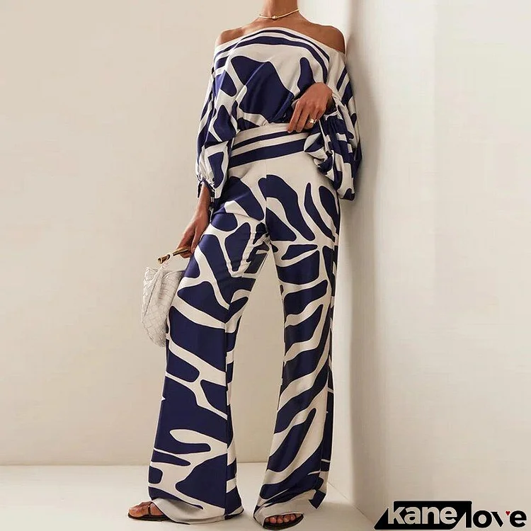 Women Elegant Loose Dolman Sleeve Top And Wide Leg Pants Two-Piece Set