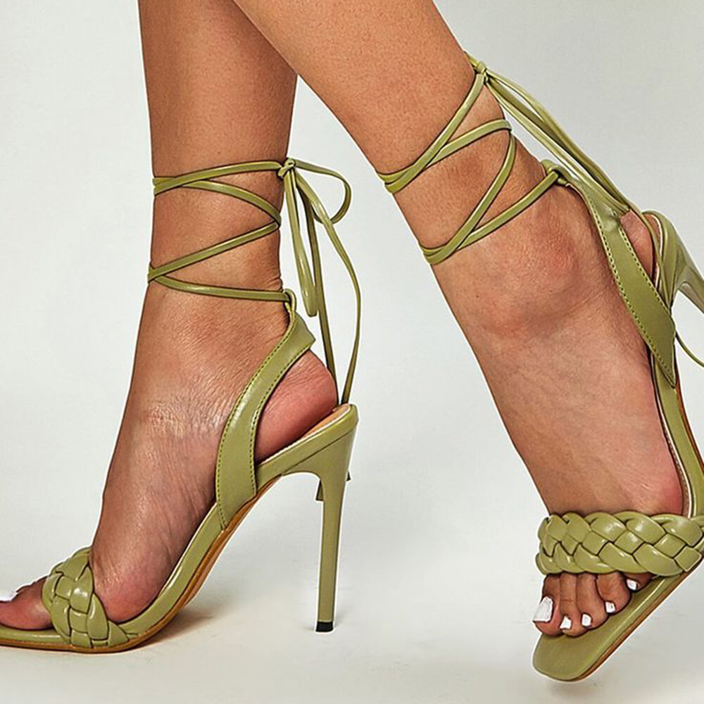 Green Open Toe 4'' Stiletto Heel Lace Up Sandals Nicepairs