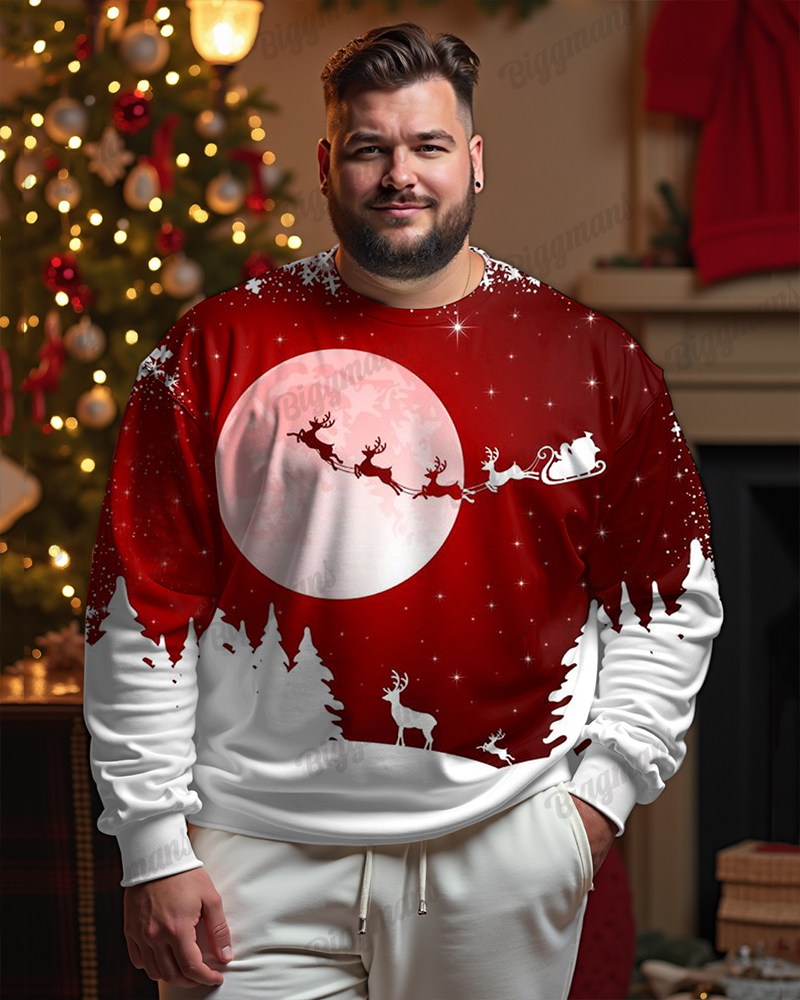 Men's Plus Size Christmas Snowflake Red Print Long Sleeve Hoodie