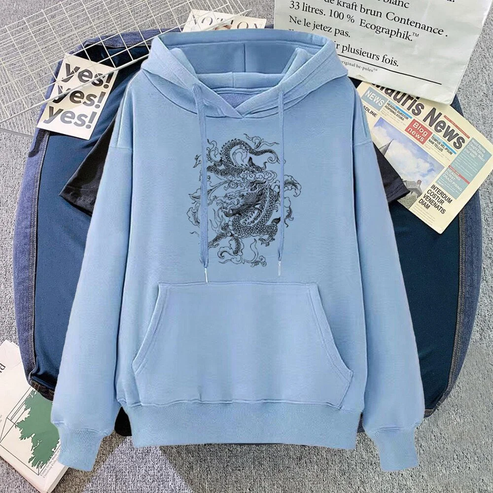 Gothic Dragon Print Hoodies Women Harajuku Vintage Hoodie Sweatshirt Oversized Streetwear Y2k Casual Winter Autumn Grunge Coat