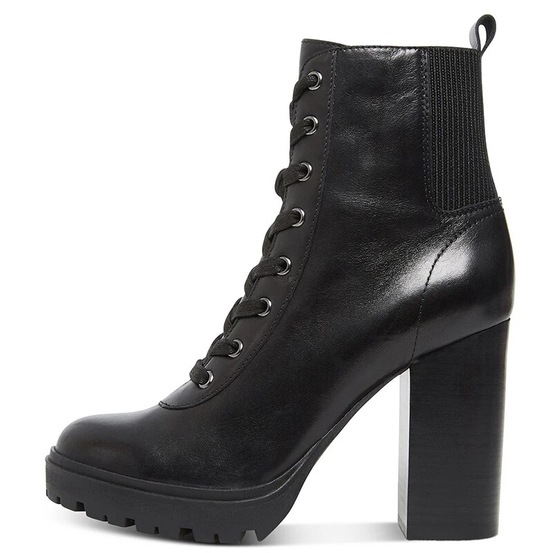 TAAFO Black High Chunky Heels Ankle Boots Woman Round Toe Zipper Booties Big Size 13 16 Lady Retro Patent Leather Shoes