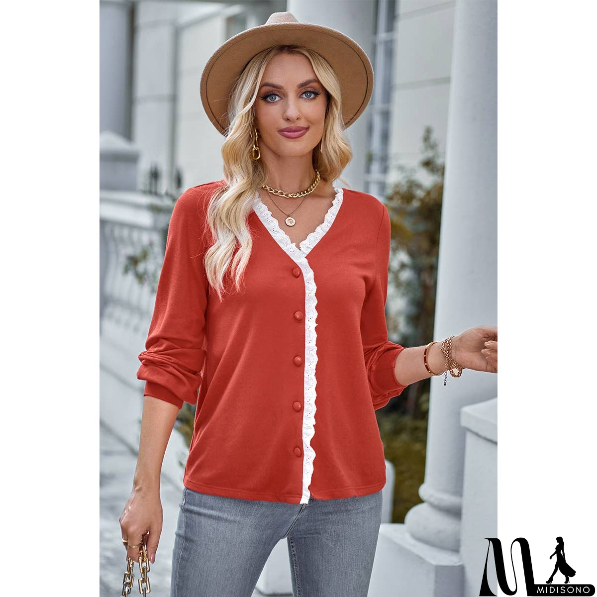 MidiSono - Front Open Button Lace Trim Fit V Neck Top