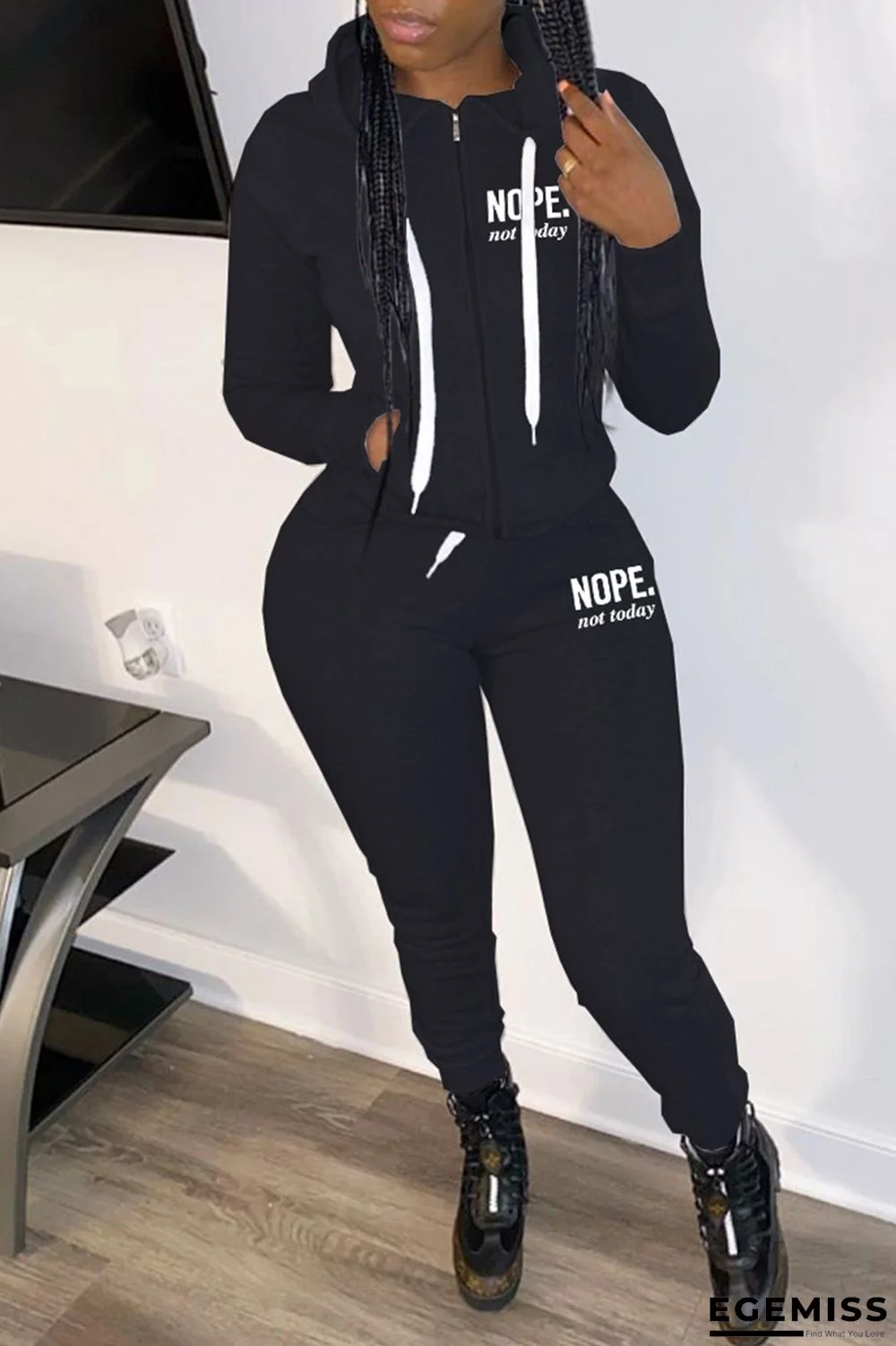 Black Fashion Casual Letter Print Patchwork Hooded Collar Long Sleeve Two Pieces | EGEMISS