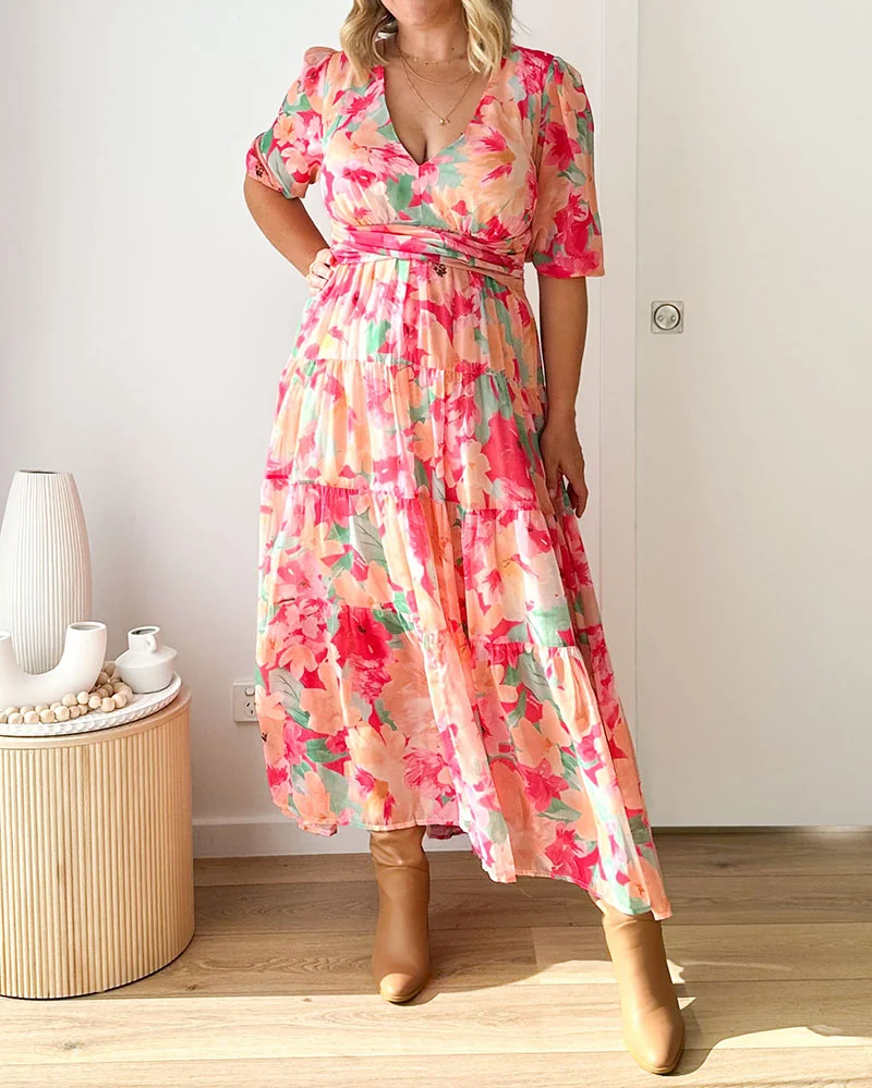 Sexy V-neck Short Sleeve Printed Plus Dress