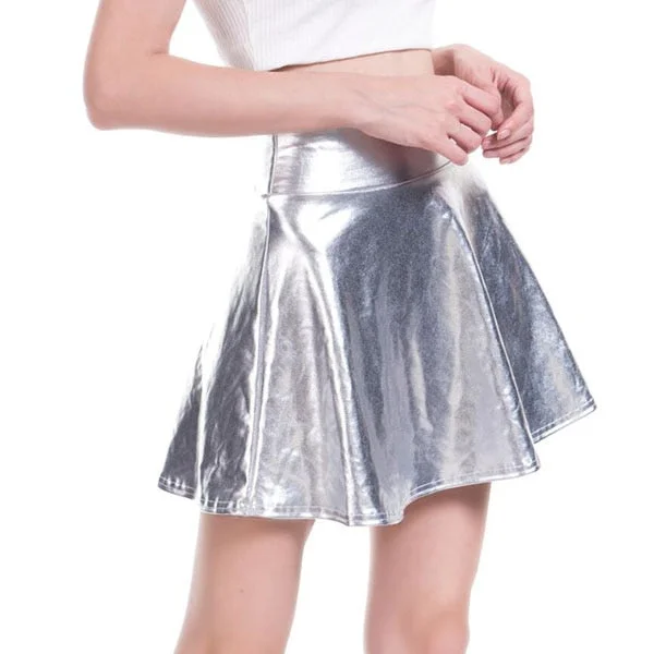 CUHAKCI Short Sexy High Waist Pleated Skirts Women Solid Casual Silver Gold Mini Laser Women Party Club