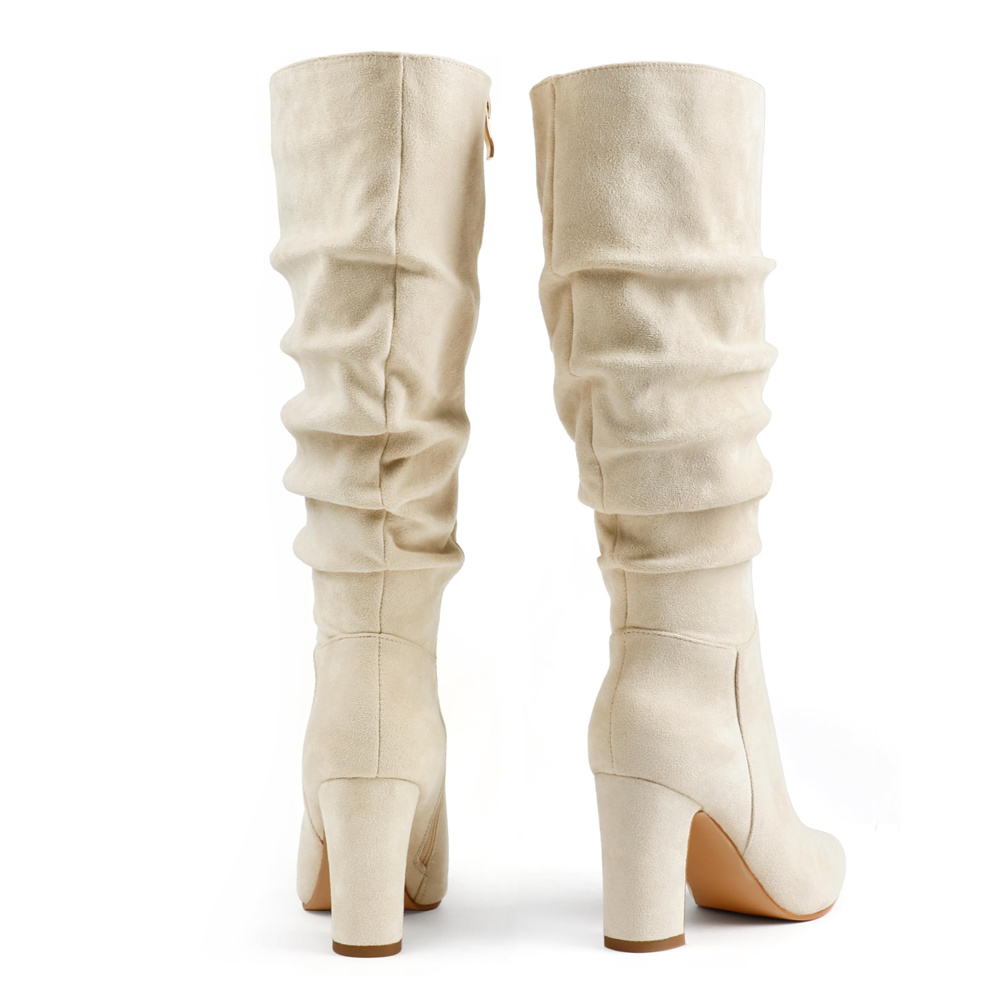3.35" Women's Knee Boots Chunky Heels Zipper Fashion Sexy Suede Slouchy Boot-MERUMOTE