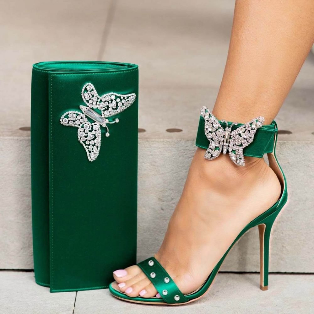 Open Toe Stiletto Heels Ankle Strap Pumps with Rhinestone Butterfly Decor Nicepairs