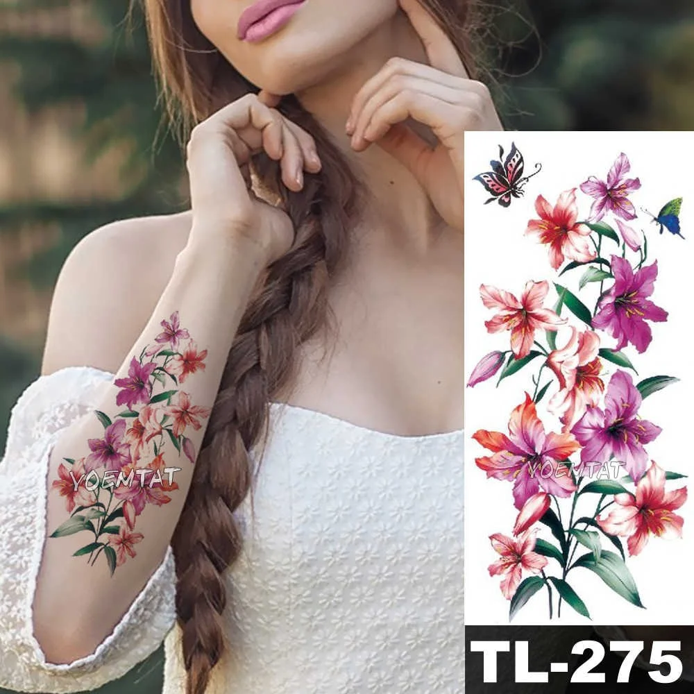 Sdrawing Watercolor Rose Lily Flower Waterproof Tattoo Stickers Women Body Chest Art Temporary Tatto Girl Waist 3D Flowers Tatoo