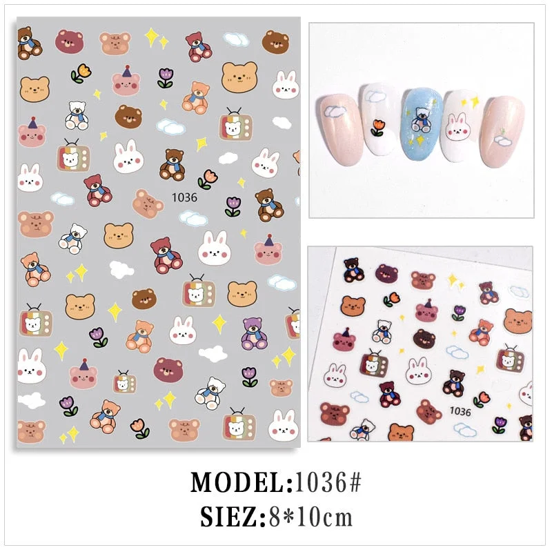 Beautizon Colorful Cartoon Teddy bear High Quality 3D Engraved Nail Stickers Nail Art Decorations Nail Decals Design