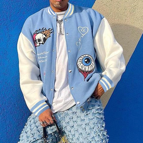 Casual Print Patchwork Long Sleeve Baseball Jacket