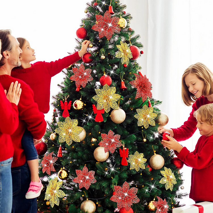 🔥kukelife🔥Christmas-36 pack glitter poinsettia Christmas flowers decorations Christmas tree ornaments glitter gold 4