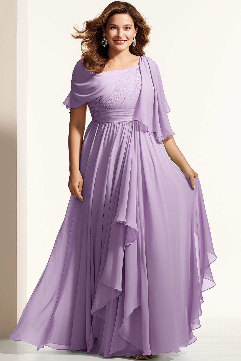 Flycurvy Plus Size Bridesmaid Sage Green Chiffon Flutter Sleeve Asymmetrical Hem Maxi Dress 2024 - Flycurvy 